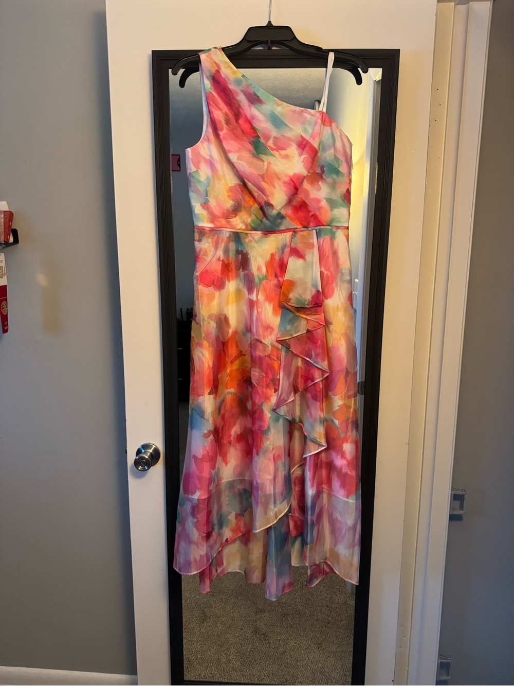 Adrianna Papell One-Shoulder Watercolor Floral Ruffle Dress in Pink, Coral, Teal